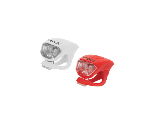Sada blikačiek FORCE DOUBLE, 2 predné biele LED diódy, 2 zadné červené LED diódy, 2 funkcie: stále svietenie + blikanie, vrátane mincových batérií: 2 x 2 CR2032.