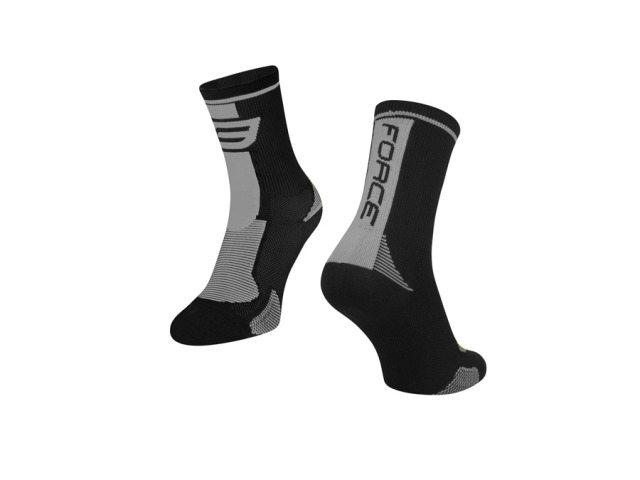 Vyššie cyklistické ponožky FORCE LONG aj pre ďalšie športy, veľkosť S - M odpovedá EUR 36 - 41 / US 3,5 - 7, chráni proti otlakom od obuvi (priehlavok) a od pedálov (chodidlo), spevnené záťažové partie členku a achilovky, vysoko priedušný materiál, dômyselné bočné odvetranie, ponožky označené R + L, výška od chodidla je 16cm